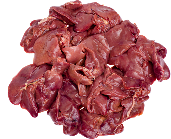 Raw fresh offal, chicken livers close-up, cut out